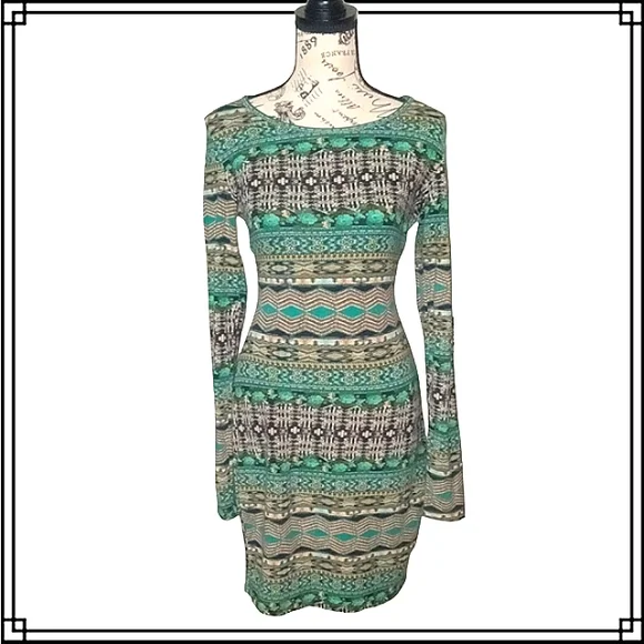 Retro Y2K Aztec Print Bodycon Dress Size Sm